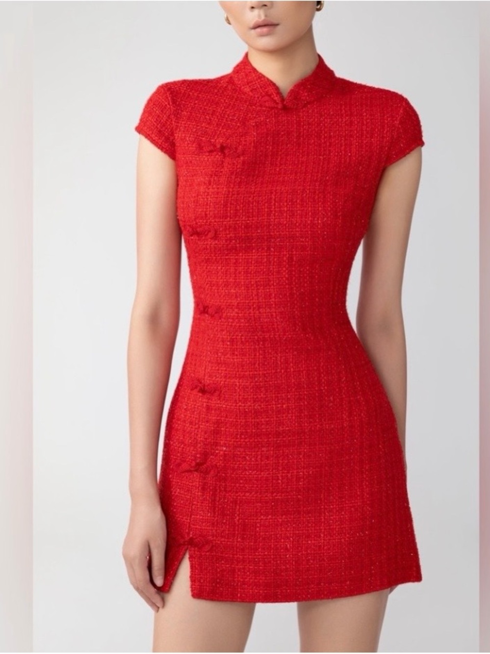 Sau Lee Cap-Sleeve Red Tweed Mini Dress with Front Slit - Picture 5 of 6